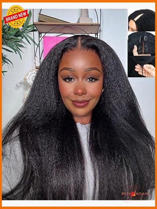 V Part Kinky Straight Human Hair Wig 200% Density Glueless Half Wig main image 6
